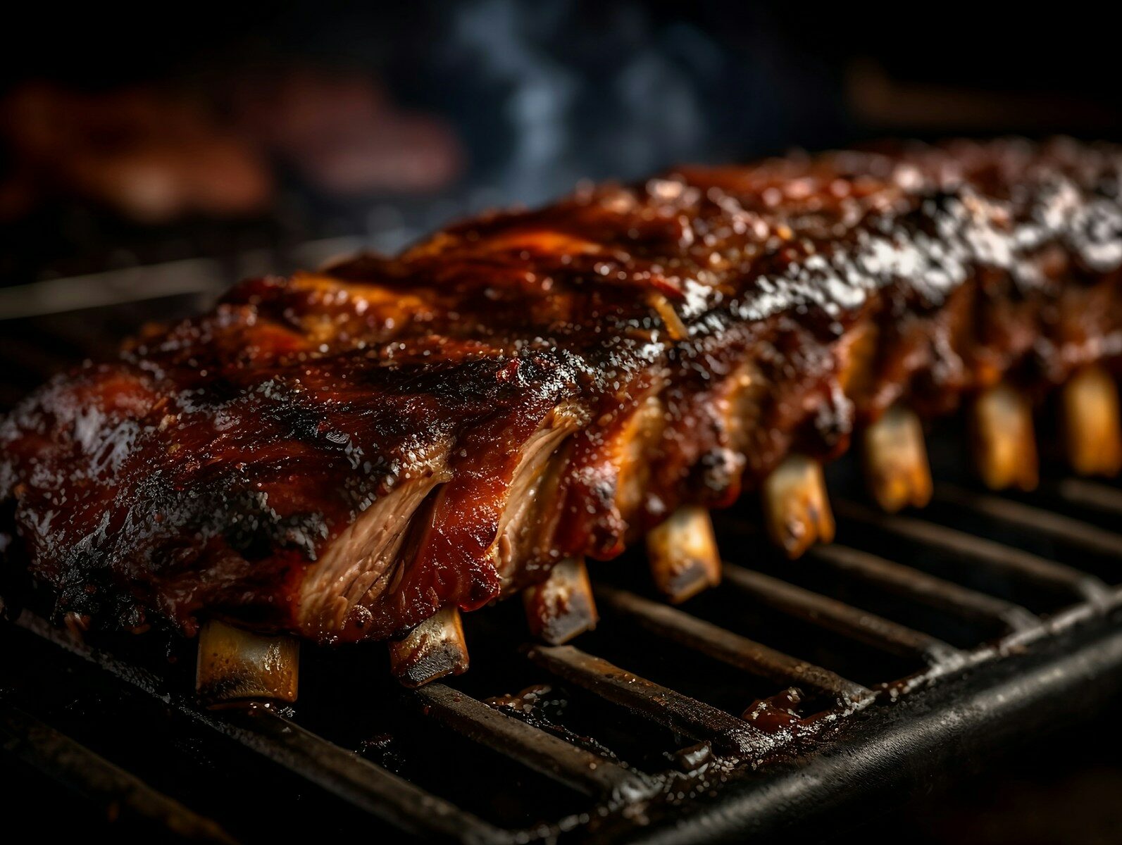 a rack of ribs cooking on a grill