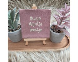 CreaCraft - Robuust Wenstegeltje – huisje wijntje feestje - Hip trendy tegeltje –Housewarmingcadeau of zomaar – Wanddecoratie –Sfeervol en Persoonlijk - Vriend(in) – Trendy nu – Decoratief Tegeltje met Standaard – Cadeau Idee - Tegeltje met tekst