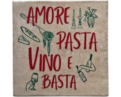 Tegeltje met tekst - Keramiek tegeltje - Tegel met amore pasta - Uniek Cadeau - Tegel beige - 10x10 cm - Tegeltje wijn - Tegeltje gezellig - humor tegeltje - italië