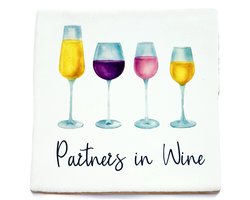 Snoes Cadeautegel Partners in Wine - Keramiek Tegeltje 10x10 cm - Aquarel Wijn Decoratie - Inclusief Plakhaakje - Cadeau voor Haar / Beste Vriendin - Brievenbuscadeau
