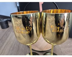 Eviva Home Deco Luxe Wijnglazen Set van 2 - Goud - Met Tekst "Wine Not? ROARRR!" & "Fill 'em Up Lioncub"