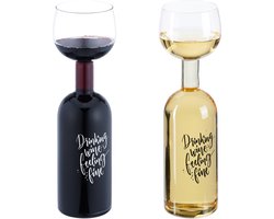 wijnfles glas - 750 ml - xl - wijnglas met tekst "drinking wine feeling fine" - voor wijnliefhebbers