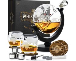 Whisiskey Whiskey Karaf - Wereldbol - Luxe Whisky Karaf Set - 0,9 L - Decanteer karaf - Whiskey Set - Incl. 4 RVS Whiskey Stones, 2 Whiskey Glazen & Extra Accessoires