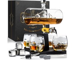 Whisiskey Whiskey Karaf - Luxe Whisky Karaf Set Zeilschip - 1,1L - Decanteer Karaf - Zeilboot - Whiskey Set - Incl. 4 Whiskey Stones, Schenktuit, tap & 4 Whiskey Glazen - Peaky Blinders